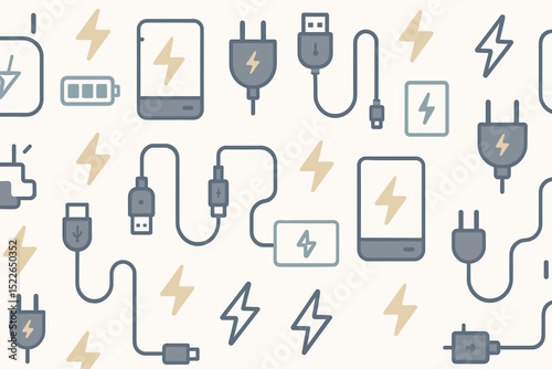 Patterns of electrical devices and charging accessories creating a modern tech atmosphere in a minimalist design