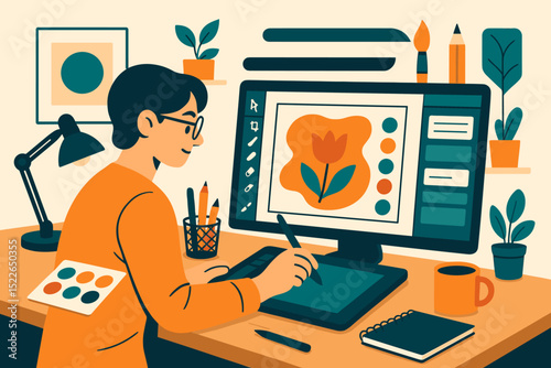 Creative individual designing floral graphics on a digital tablet in a cozy workspace during daylight hours