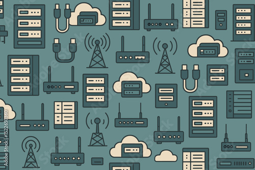 Patterns of technology with servers, routers, and clouds in a digital design environment