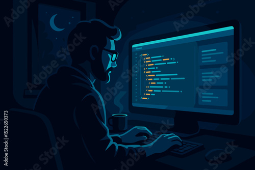Late night programming session with a coder focused on screen illuminated by code
