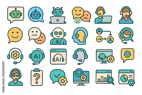 Icons representing customer support, artificial intelligence, and communication tools in a modern digital workspace