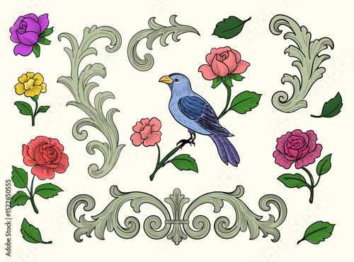 Calligraphic Design Elements and Page Decoration set, Vintage Frame collection with Flowers and bird. Rose swirls Victorian style ornaments color hand drawn illustration .