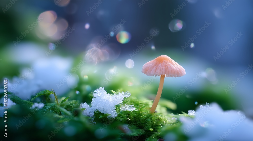 Fototapeta premium Delicate mushroom emerges through snow in a serene forest setting during winter