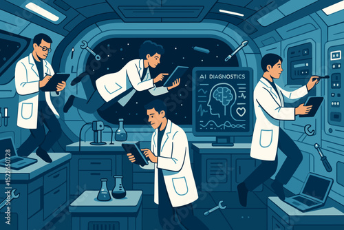 Scientists conducting AI research aboard futuristic space lab
