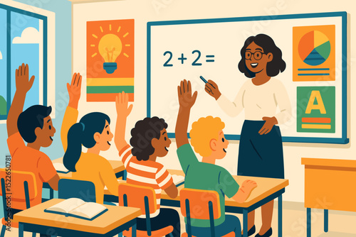 Teacher engaging young students in classroom math lesson