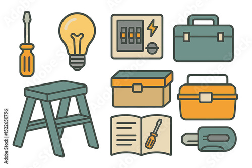Illustrated set of handyman and electrical tools in flat style