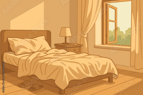 Cozy, minimalist bedroom with a comfortable bed, soft lighting, and a peaceful view through an open window.
