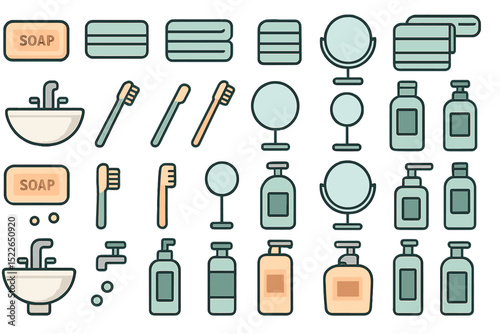 Bathroom essentials icon set with sink, soap, mirrors, and toiletries