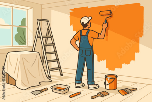 Person painting a wall with orange paint in a home renovation project
