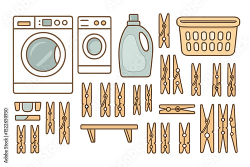 Laundry icons set with washing machine, pegs, and detergent