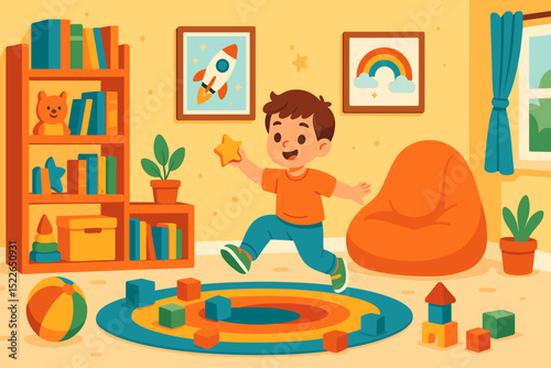 Happy child playing with toys in colorful kids room