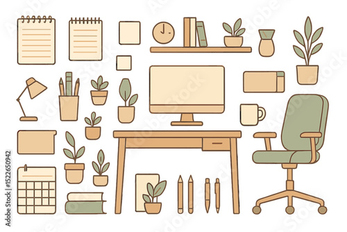 Flat lay office workspace icons with desk, chair, and plants