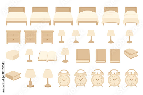 Flat lay of bedroom furniture and decor in soft neutral tones