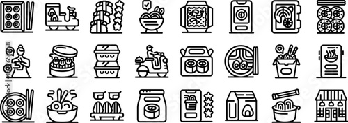 Chinese food delivery icons set. Asian food delivery service providing various dishes, online ordering options, and excellent customer ratings
