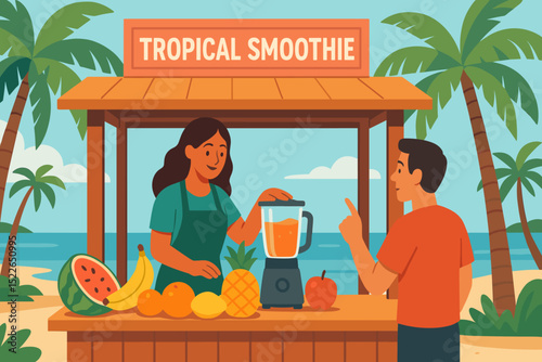 Tropical smoothie stand on beach with fresh fruit and blender