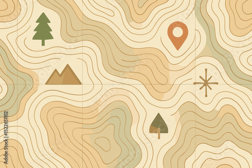 Exploring the beauty of nature through a stylized topographic map design featuring trees, mountains, and navigation symbols