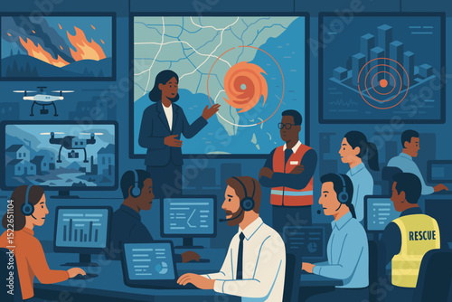 Emergency response team coordinating during a hurricane with technology and maps in a control center