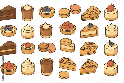 Seamless pattern of assorted desserts including cakes, tarts, and macarons