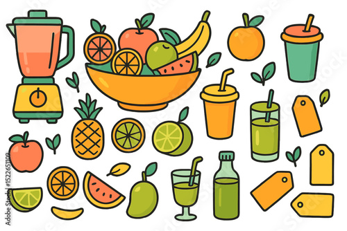 Colorful fruit and drink illustrations showcasing healthy options and vibrant beverages in a stylish layout