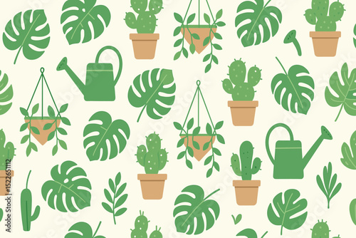 Seamless pattern with potted plants, cacti, and watering cans