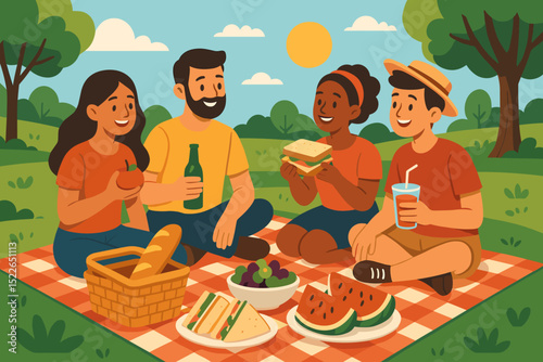 Friends enjoying a picnic in a sunny park with delicious food and laughter in summer