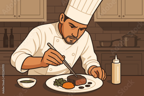 Chef skillfully plating a gourmet dish in a modern kitchen setting during the evening hours