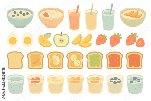 Delicious breakfast spread featuring various fruits, smoothies, cereals, and eggs arranged on a light background