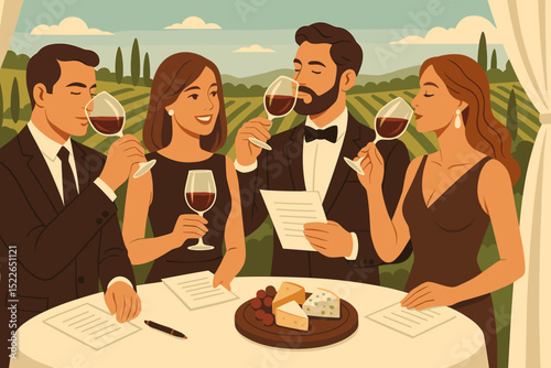 Group of friends enjoying wine and cheese tasting at a vineyard during sunset