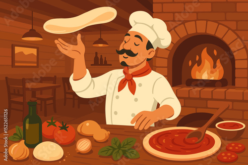 Chef skillfully tosses pizza dough while preparing a delicious meal in a cozy restaurant kitchen with a blazing oven