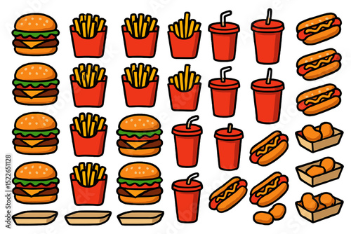 Seamless fast food pattern with burgers, fries, drinks, and hot dogs