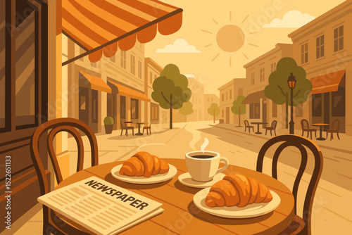Sunny café terrace scene with coffee, croissants, and newspaper