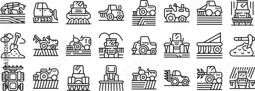 Plowing icons set. Icons depicting various agricultural machinery working on a field, showcasing farming activities like plowing, seeding, and harvesting