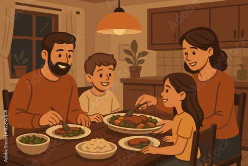 Happy family enjoying dinner together in cozy kitchen scene