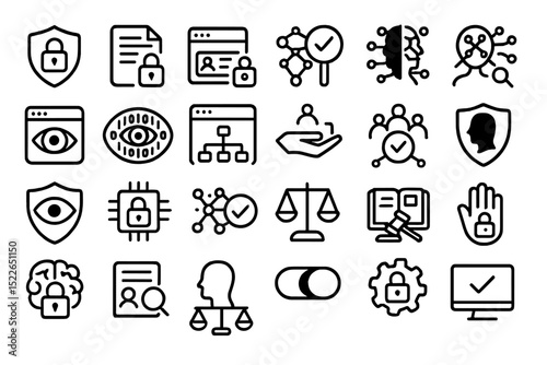 Collection of icons representing cybersecurity concepts and privacy measures in digital technology environments
