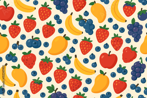 Seamless colorful fruit pattern with berries, bananas, and mangoes