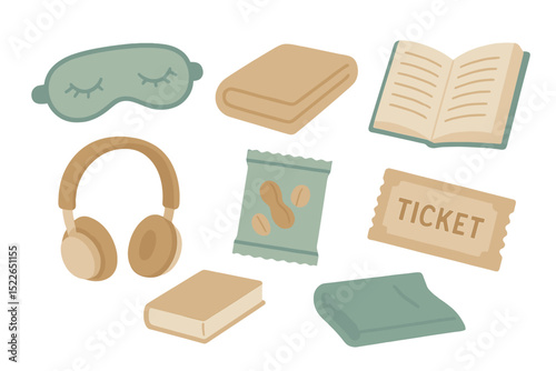 A collection of travel essentials such as an eye mask, headphones, snacks, a book, a ticket, and a travel pillow, symbolizing comfort and preparation for a long journey or flight.