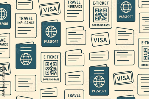 A pattern of travel-related documents including passports, visas, e-tickets, and travel insurance.