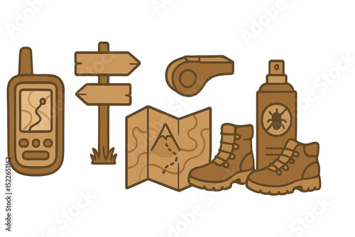 A collection of hiking and outdoor adventure equipment icons, including a GPS device, directional signs, a whistle, a map, insect repellent, and hiking boots.