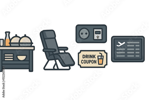 Icons representing in-flight services: a food tray, reclining seat, electrical outlet, drink coupon, and flight information.