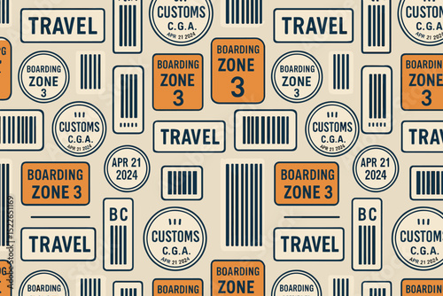 Seamless travel-themed pattern with boarding labels and customs stamps