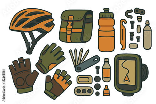 Flat icons of cycling gear including helmet, gloves, and tools