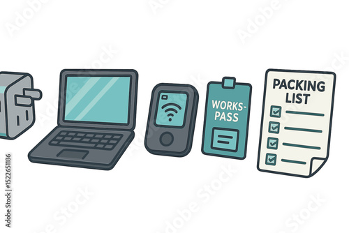 Flat icons of business travel essentials including laptop and checklist