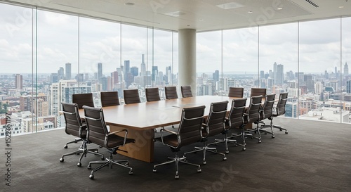 Meeting room for brainstorm with chairs and table and cityscape background