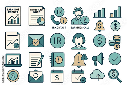 Set of finance and investor relations icons in flat style