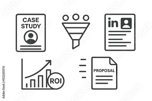 Minimalist business icons with case study, proposal, and ROI chart