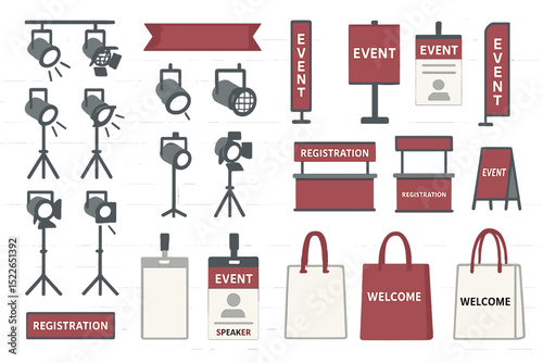 Flat event icons with signage, badges, lights, and registration desks
