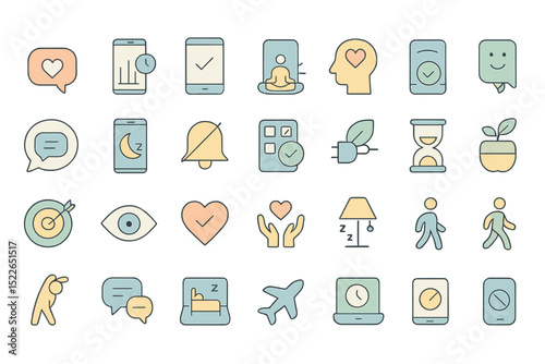 Set of wellness and lifestyle icons focused on health, sleep, and mindfulness.