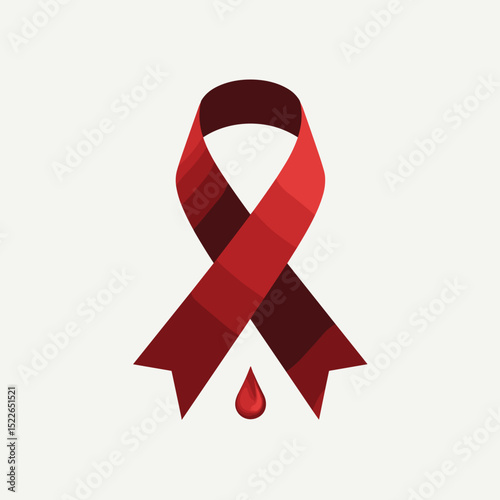 Red awareness ribbon with a drop of blood on a light background  