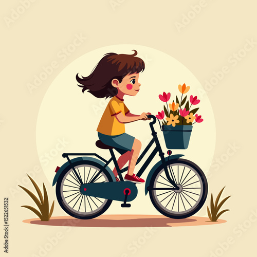Young girl riding bicycle with flowers in basket during daytime  