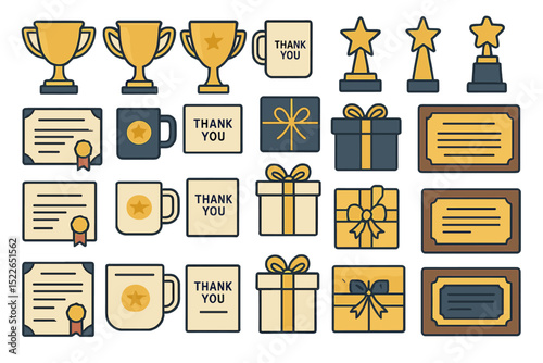 Employee recognition icons with trophies, gifts, and thank-you notes